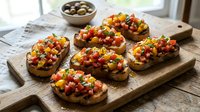 Toasted bread slices topped with diced tomatoes, onions, and fresh herbs on wooden board, ready for appetizers or party snacks.