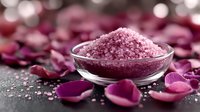Pink aromatic bath salt in glass bowl surrounded by purple rose petals on dark background, spa wellness concept for relaxation and beauty treatments.