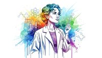 Young male scientist in white lab coat with colorful watercolor splash background and molecular structures for educational and research concepts.