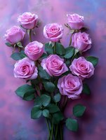 Bouquet of pink roses with lush green foliage arranged against a soft purple and blue gradient background, suitable for floral design, greeting cards, and decorative projects.