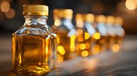 Glass bottle with golden liquid against blurred warm bokeh background, shallow depth of field creates atmospheric glow, modern product photography on wooden surface.