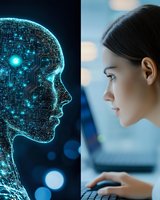 Young Asian woman working on laptop next to digital AI profile visualization with glowing circuit patterns and neural connections in blue technological concept.