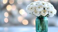 Fresh white ranunculus flowers in turquoise glass vase against soft bokeh background, creating romantic atmosphere for wedding and home decor styling.