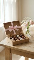 Open kraft gift box filled with assorted chocolates tied with pink ribbon, displayed on wooden table beside glass vase with pink roses and baby's breath flowers in natural daylight for gifting occasions.