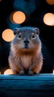 Curious ground squirrel portrait with bokeh lights in background creating magical atmosphere. Close up view shows detailed fur texture and expressive eyes.