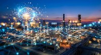 Industrial facility with digital network connections and glowing brain symbol representing artificial intelligence in manufacturing automation at sunset.