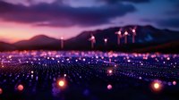 Glowing solar panel field with illuminated lights at sunset, dramatic purple sky and mountain silhouettes in background creating magical atmosphere.