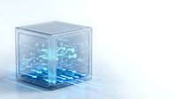 Transparent glass cube with glowing blue digital circuit patterns and flowing data streams inside, isolated on white background for tech design projects.