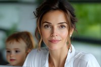Young Caucasian woman with natural makeup and pulled back hair smiling warmly at camera while child appears blurred in background, representing family, motherhood and care.