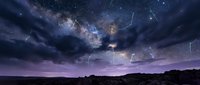 Dramatic night sky with Milky Way galaxy and meteor shower over desert landscape. Cosmic celestial scene with shooting stars and purple twilight horizon.