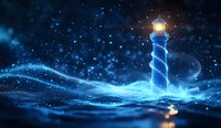 Magical lighthouse glowing in dark night with sparkling blue waves and starry sky, illuminated by moonlight creating mystical maritime atmosphere.