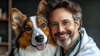 Smiling mature Caucasian man with gray beard and glasses posing with happy tricolor Shetland Sheepdog. Close up portrait showing bond between pet owner and dog.