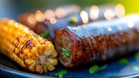 Grilled sausage and corn on blue plate with bokeh lights background, close up view of juicy barbecue meat and golden corn cob garnished with herbs.