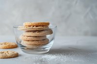 Fresh baked sugar cookies stacked in clear glass bowl on light gray background with scattered crumbs and powdered sugar, minimalist food photography styling.
