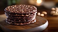 Stack of homemade dark chocolate cookies with nuts on wooden serving board, selective focus with blurred background and warm lighting.