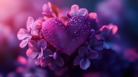 Purple heart-shaped leaf with water droplets nestled among lilac flowers on blurred background, creating romantic mood for Valentine's Day cards or love concepts.