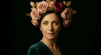 Portrait of elegant middle-aged Caucasian woman wearing floral crown with roses against dark background for artistic photography projects.