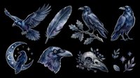 Dark ravens and skull clipart set with feather, moon, and botanical elements, isolated on transparent background. Ready for gothic t-shirt design, stickers, and print on demand.