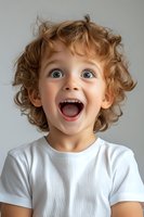 Excited young child with curly ginger hair and bright blue eyes expressing pure joy and surprise while wearing white t-shirt against light background.