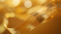 Elegant golden silk ribbon with soft bokeh lights in background creates luxurious festive atmosphere for celebration designs and holiday decorations.