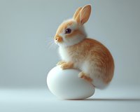 Adorable ginger baby bunny sitting on large white egg against light background, soft fur texture and gentle lighting create magical Easter holiday mood.