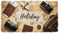 Vintage travel flat lay with cameras, passport, compass, airplane, and map, featuring Holiday text for vacation and adventure concepts.