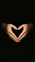 Hands with rings forming a heart shape against a dark background, symbolizing love, romance, and connection.