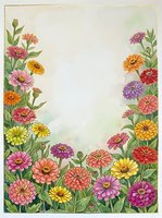 Watercolor zinnia garden border with colorful blooms in pink, yellow, orange and purple, framing a soft white copy space center.