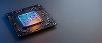 Advanced microprocessor chip with glowing circuit patterns on dark background. High-tech semiconductor component for electronics and computing applications.