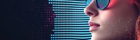 Young woman wearing sunglasses in profile against neon blue digital background with glowing dots pattern, futuristic cyberpunk style portrait for technology concepts.