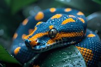 Close-up macro photograph of exotic blue and orange snake head with water droplets on scales showing detailed texture and striking pattern in natural setting.