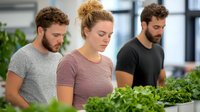 Young Caucasian woman and two men examining fresh herbs and microgreens in modern indoor garden. Urban farming concept for sustainable living.