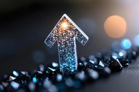 Glowing blue arrow points upward against dark background with bokeh lights, symbolizing growth, success and forward momentum in business concept.