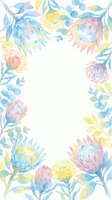 Watercolor protea floral frame with pastel pink, blue, and yellow blooms forming an oval border, perfect for cards, invitations, and social media.