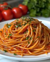 Delicious spaghetti pasta with rich tomato sauce and fresh herbs served on white plate, ready to eat Italian cuisine meal for restaurant menu design.