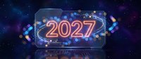 Futuristic neon 2027 number display on transparent glass panel against cosmic starry background with bokeh lights for New Year celebration and future concept.