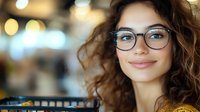 Young Hispanic woman with curly hair and glasses smiling warmly at camera, natural makeup and modern eyewear against soft bokeh background for lifestyle and beauty content.