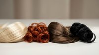 Hair extensions in various colors including blonde, red, brown and black arranged on white surface for beauty salon and hairstyling services.