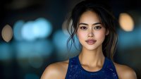 Young Asian woman in blue athletic wear with city lights bokeh background for fitness and wellness lifestyle content.