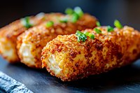 Crispy golden croquettes with creamy filling garnished with fresh chopped chives on dark slate plate, macro food photography with selective focus.