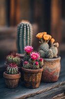 Blooming cacti collection in rustic terracotta pots on wooden surface, featuring vibrant pink and orange flowers against dark background.