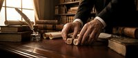 Professional businessman rolling vintage dice on wooden desk in classic library setting with antique books and warm lighting for business strategy concepts.