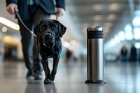 Black Labrador service dog walking alongside person in business suit in modern airport terminal with metal water bottle nearby.