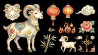 Decorative ram and goat figures with ornamental lanterns, flowers, and traditional Asian design elements isolated on transparent background. Ready for t-shirt design, clipart, stickers, sublimation, and print-on-demand projects.