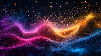 Colorful glowing wave of particles flowing through dark space with vibrant pink, orange, and blue sparkles creating dynamic motion effect. Great for abstract backgrounds.