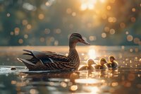 Female mallard duck swimming with ducklings in golden sunset light on calm water, bokeh sparkles creating magical atmosphere, nature wildlife moment.