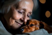 Senior Caucasian woman with gray hair tenderly cuddling small brown puppy in warm intimate moment with soft bokeh lights creating cozy atmosphere.