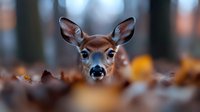 Young white-tailed deer fawn peeking through autumn leaves in forest, wildlife photography with shallow depth of field for nature and outdoor content.