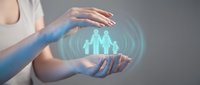 Woman hands protecting glowing family silhouette with circular light effects symbolizing care, insurance coverage and security for loved ones.
