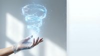 Young adult hand with glowing blue digital tornado swirl emerging from palm against neutral background with natural light, representing innovation, technology, energy, and creative power.